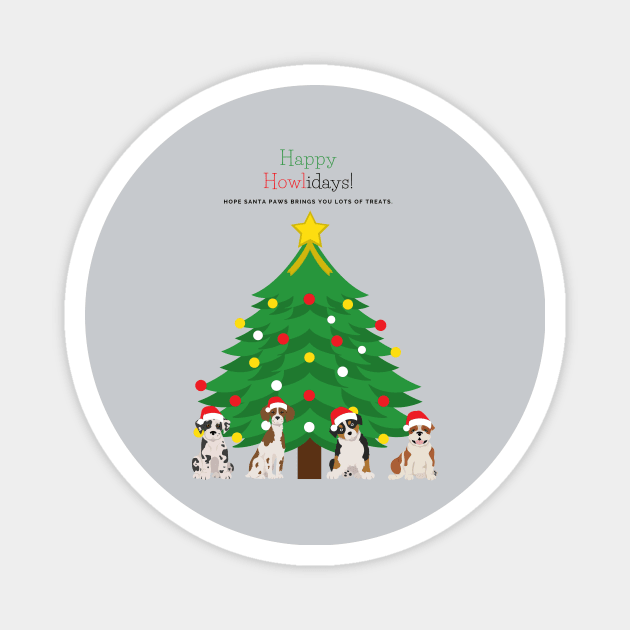 Happy Howlidays with Christmas Tree and Santa Puppies (Great Dane, Australian Shepherd, Brittany Spaniel and English Bulldog) Magnet by Seasonal Dogs